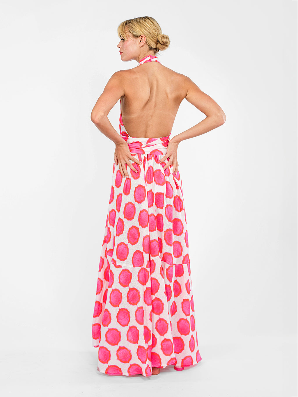 Back view of the Ikat pink orange neckholder maxi dress Hops by Nimo With Love