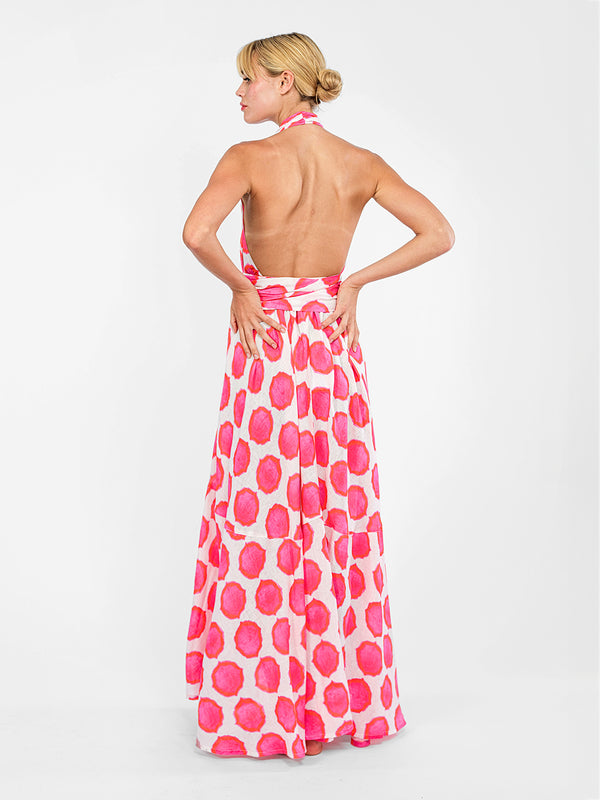 Back view of the Ikat pink orange neckholder maxi dress Hops by Nimo With Love