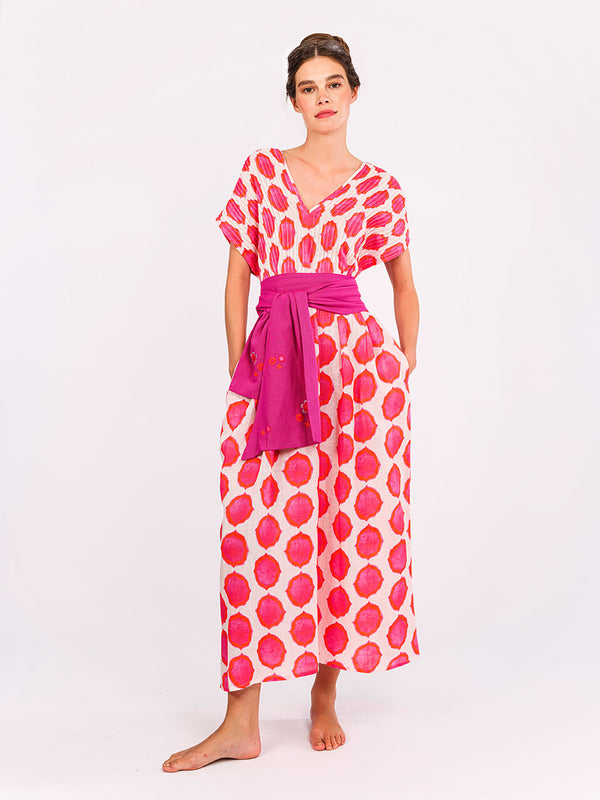 Belted Sea Cale dress showing a defined waist and voluminous linen skirt