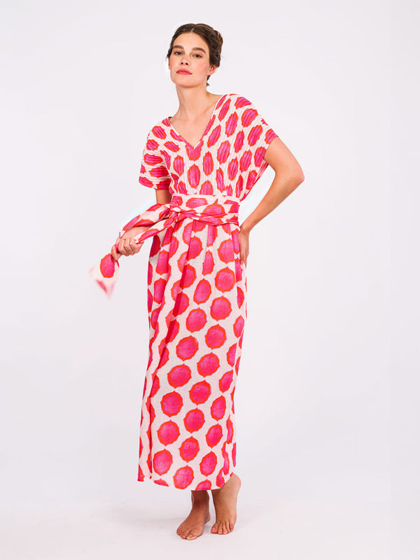 Belted Sea Cale dress showing a defined waist and voluminous linen skirt