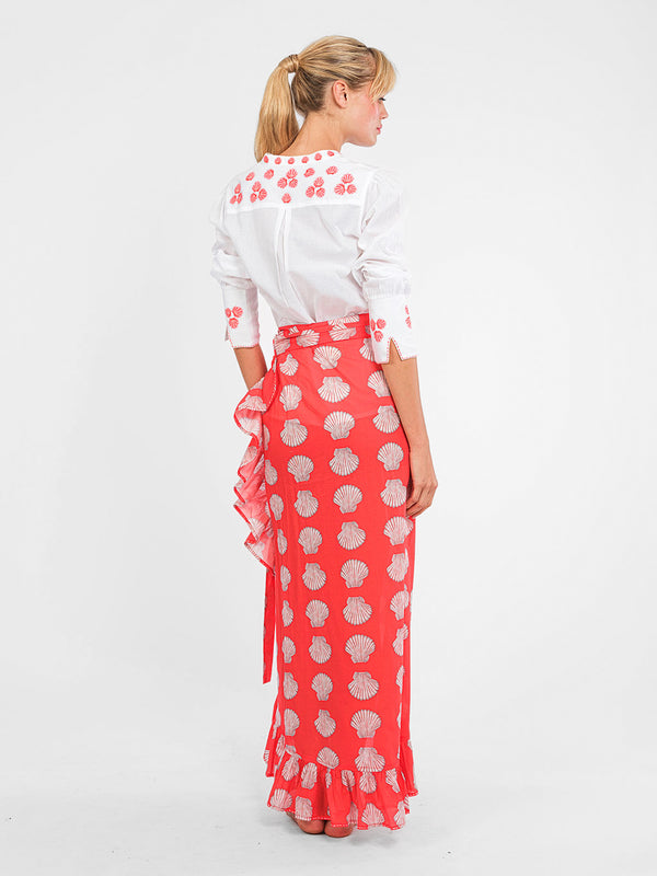 Detailed shell embroidery on the back yoke and cuffs
