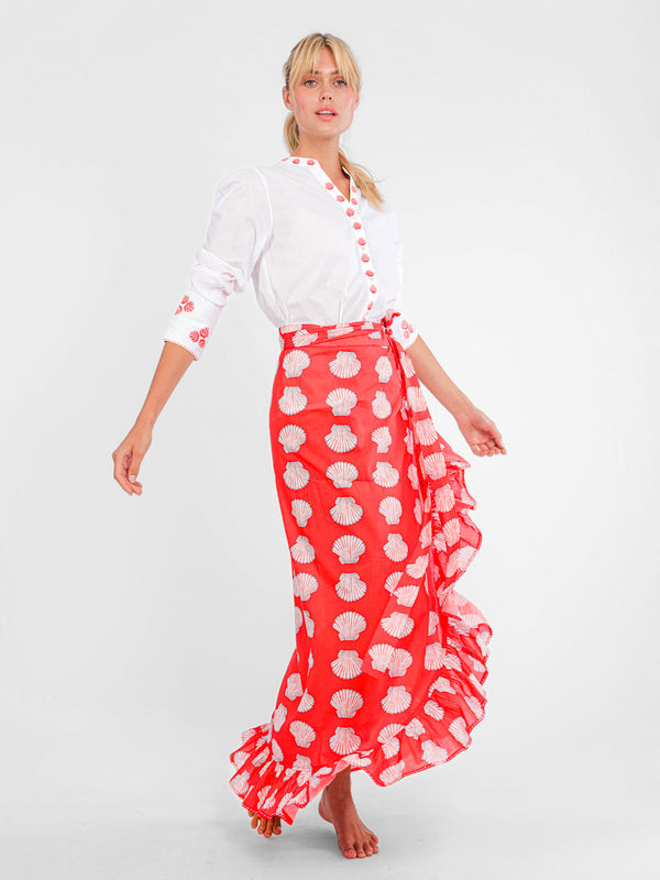 Nimo With Love maritime fashion: embroidered shell blouse in white and red styled with a shell print maxi wrap skirt