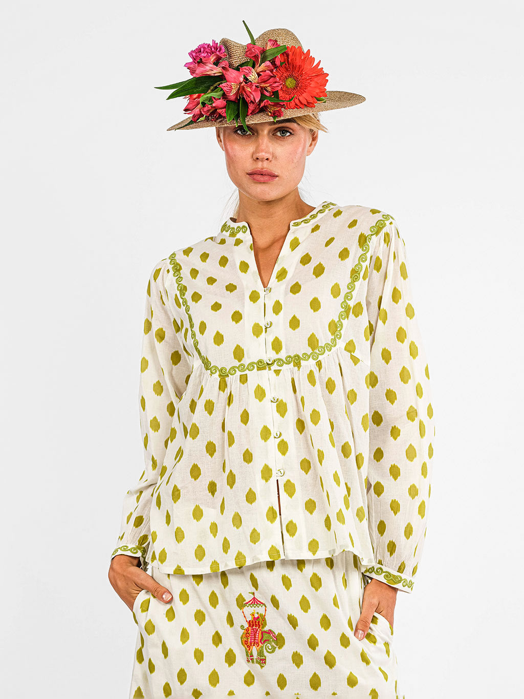 Catnep Blouse Dots Green Elephant Embroidery