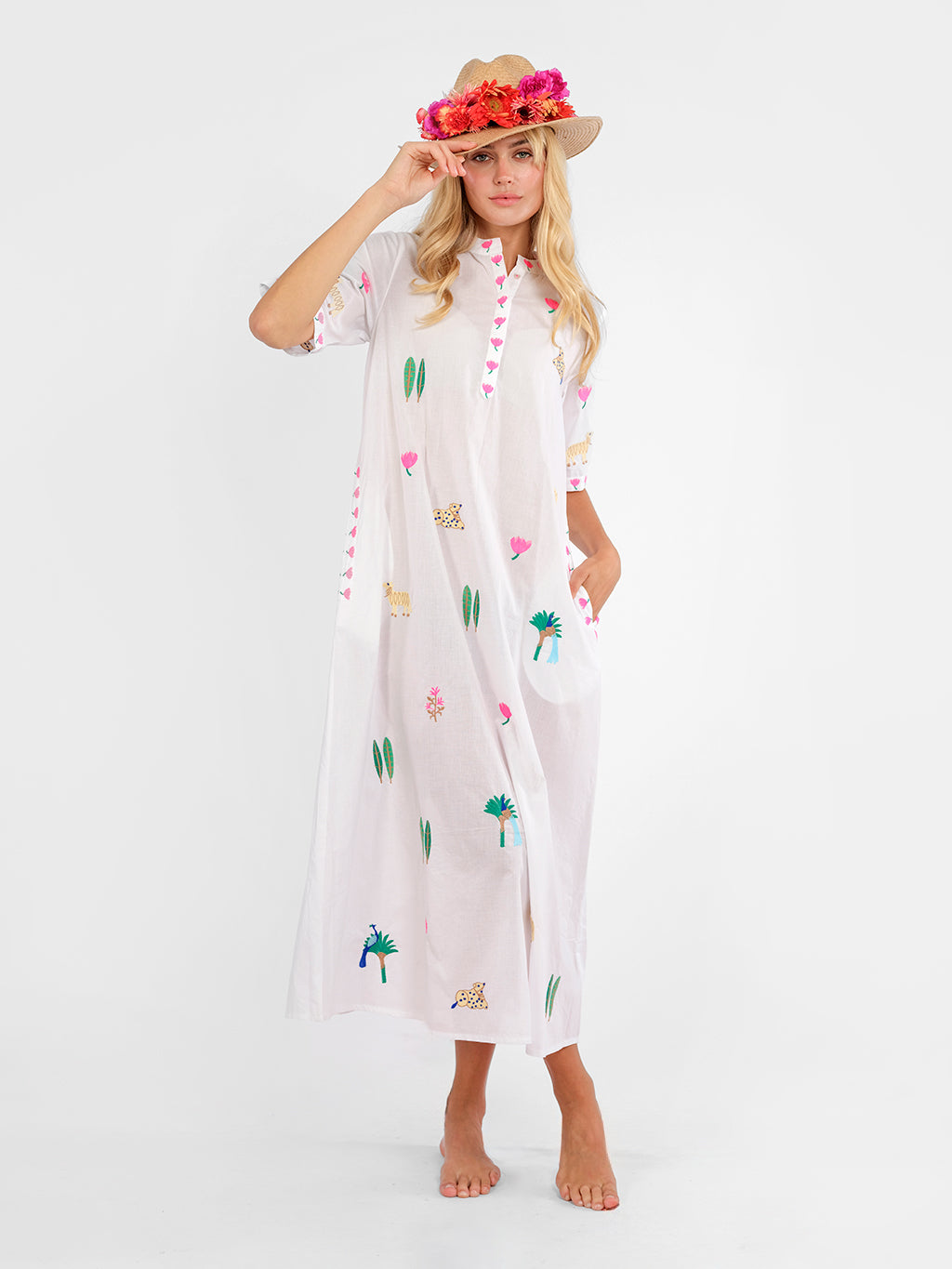 Cassia Dress Little Jungle Embroidery on White