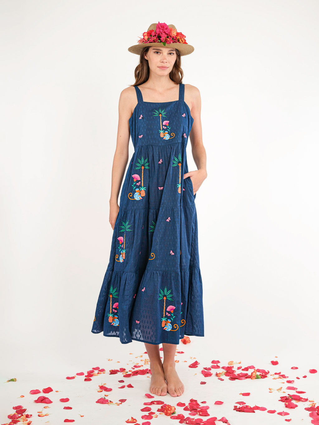 Cornflower Dress Monkey Embroidery on Navy