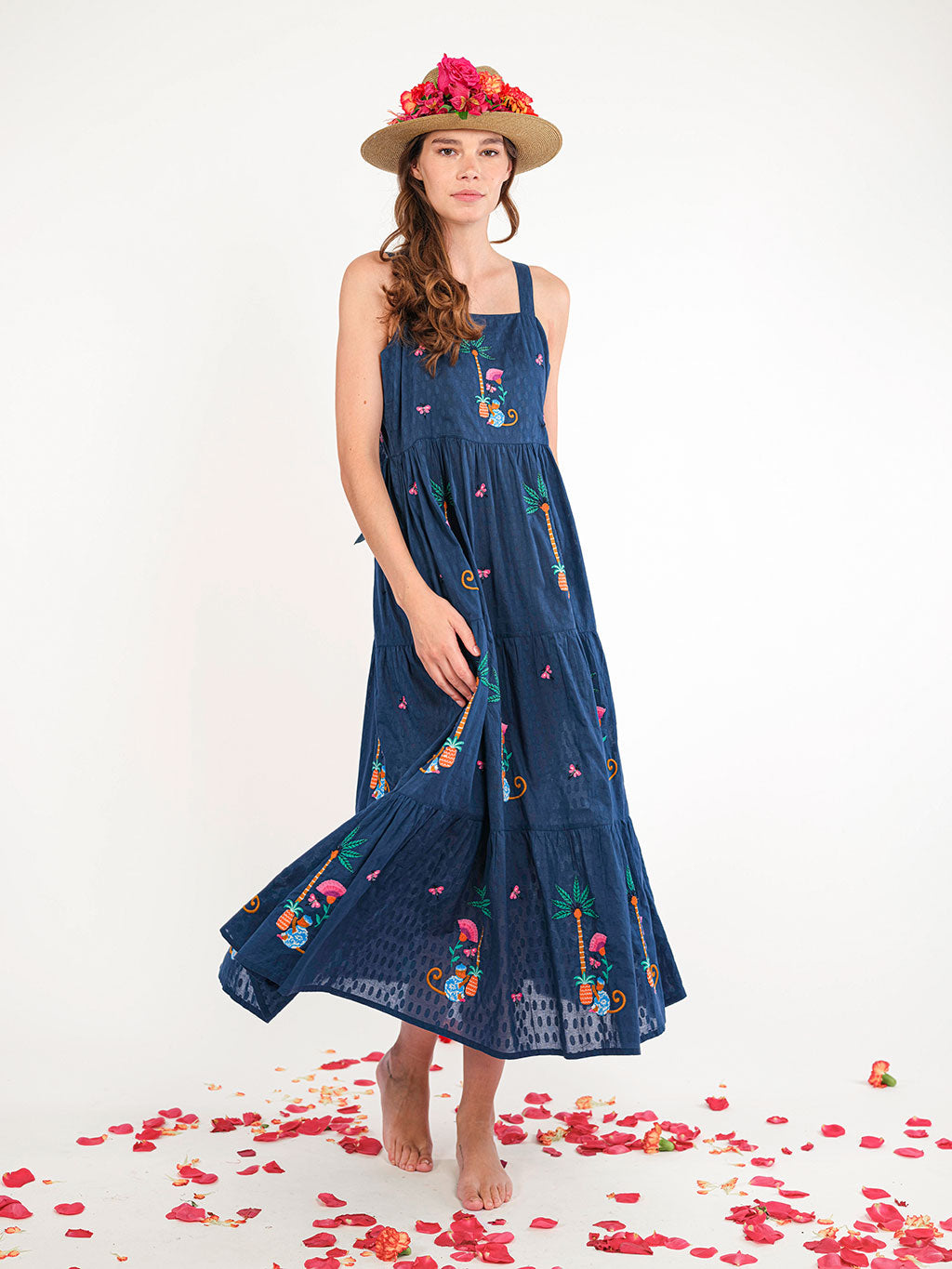 Cornflower Dress Monkey Embroidery on Navy