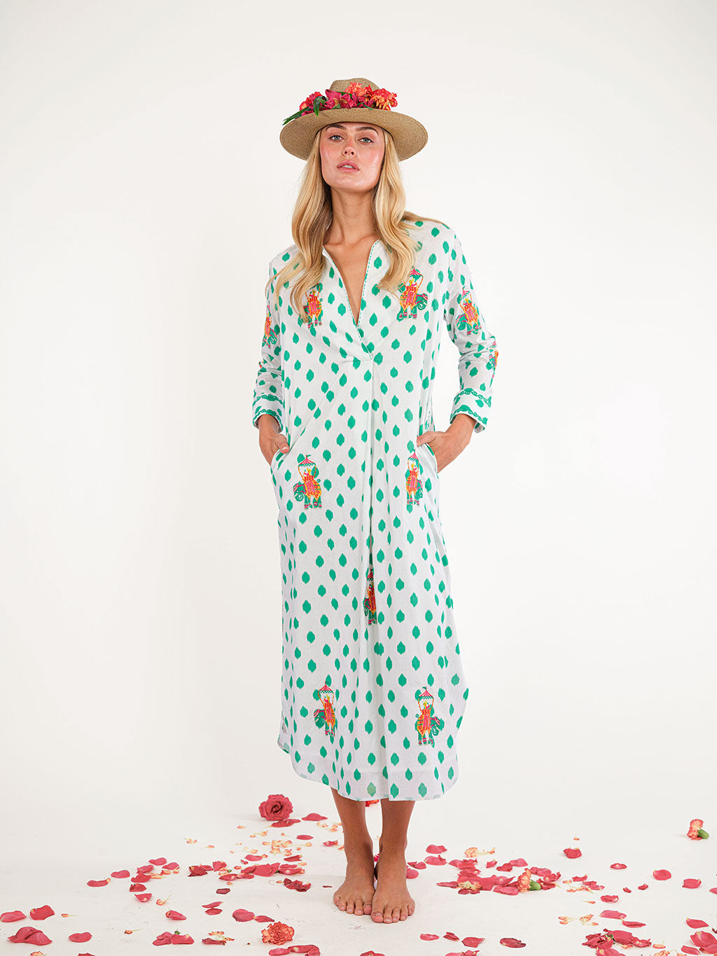 Amethyst Kaftan Dots Green Elephant Emboidery