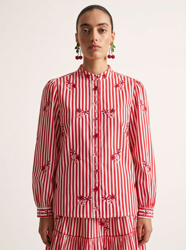 Amaryllis Blouse Flower Embroidery on Red Stripes