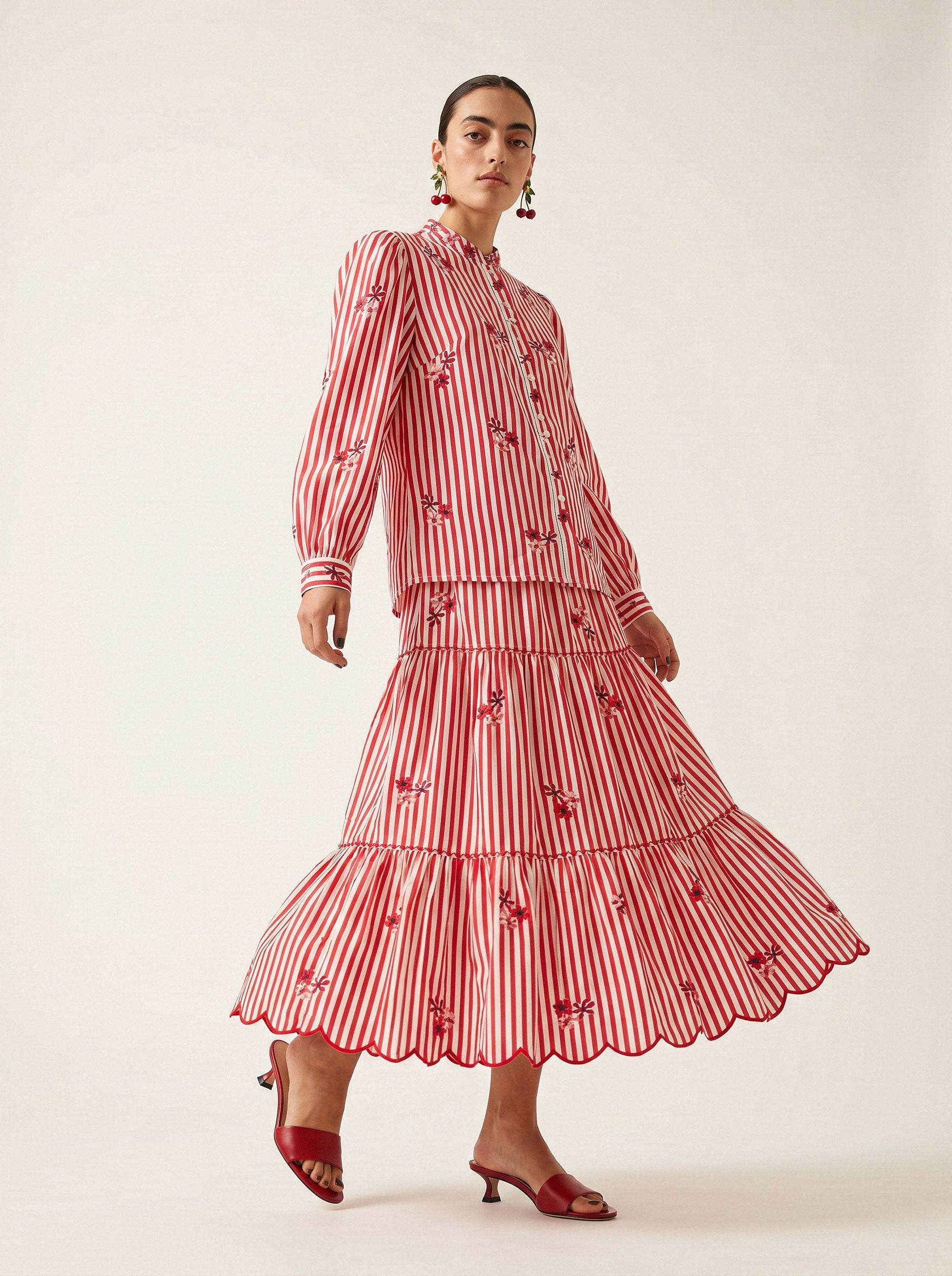 Amaryllis Blouse Flower Embroidery on Red Stripes