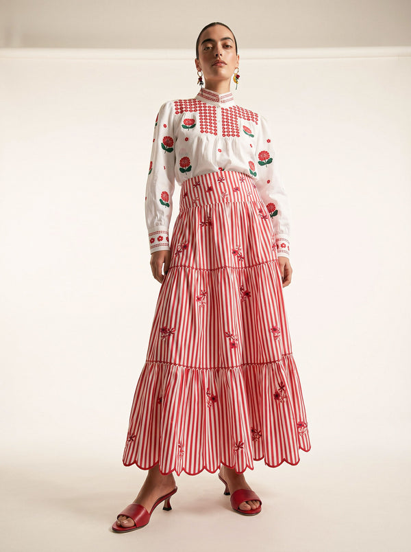 Blue Monkswood Skirt Red Stripes Flower Embroidery