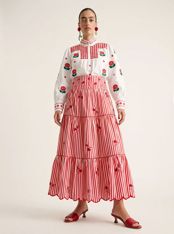 Blue Monkswood Skirt Red Stripes Flower Embroidery