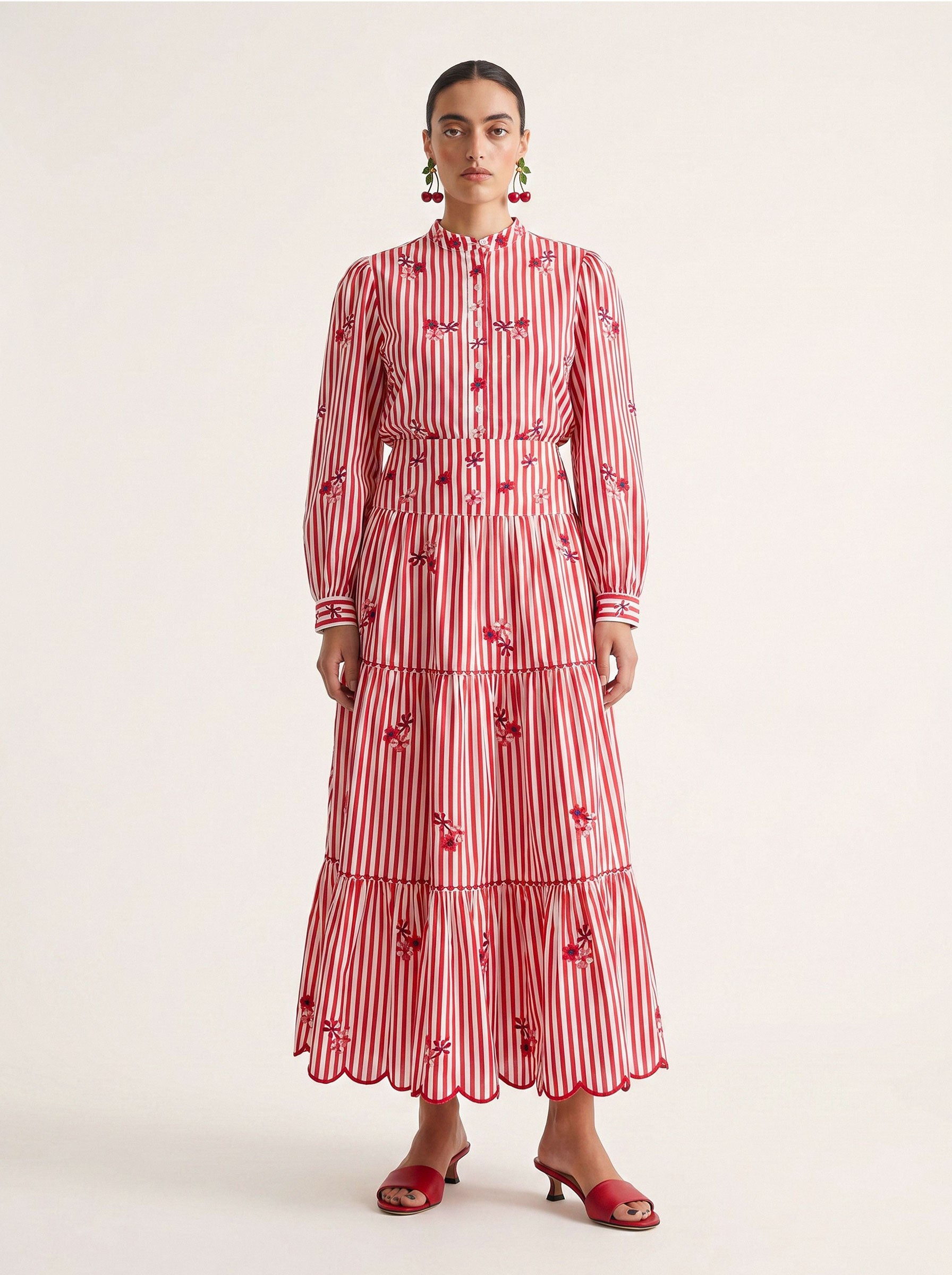 Blue Monkswood Skirt Red Stripes Flower Embroidery