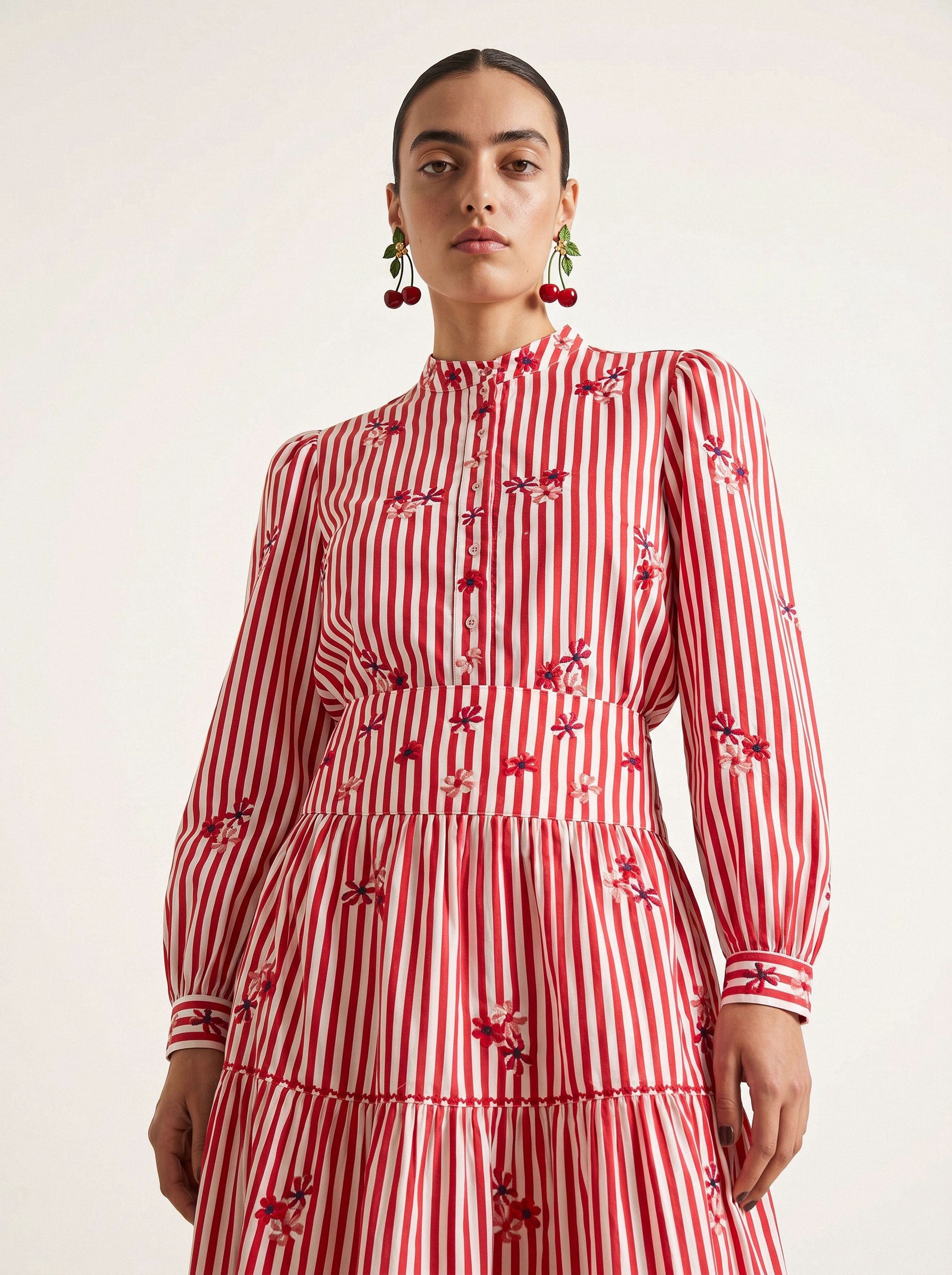 Amaryllis Blouse Flower Embroidery on Red Stripes