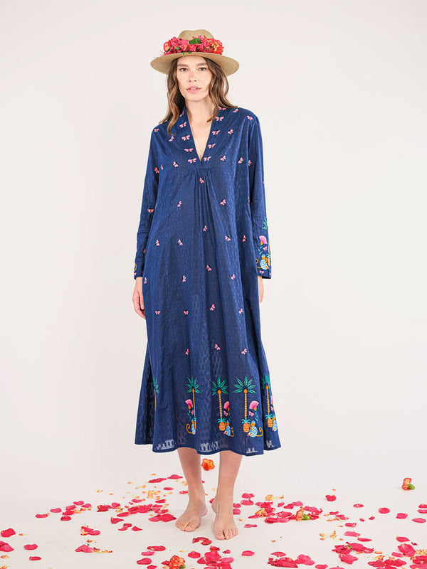 Sandalwood Dress Monkey Embroidery on Navy
