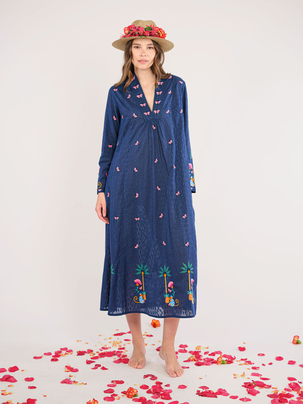 Sandalwood Dress Monkey Embroidery on Navy