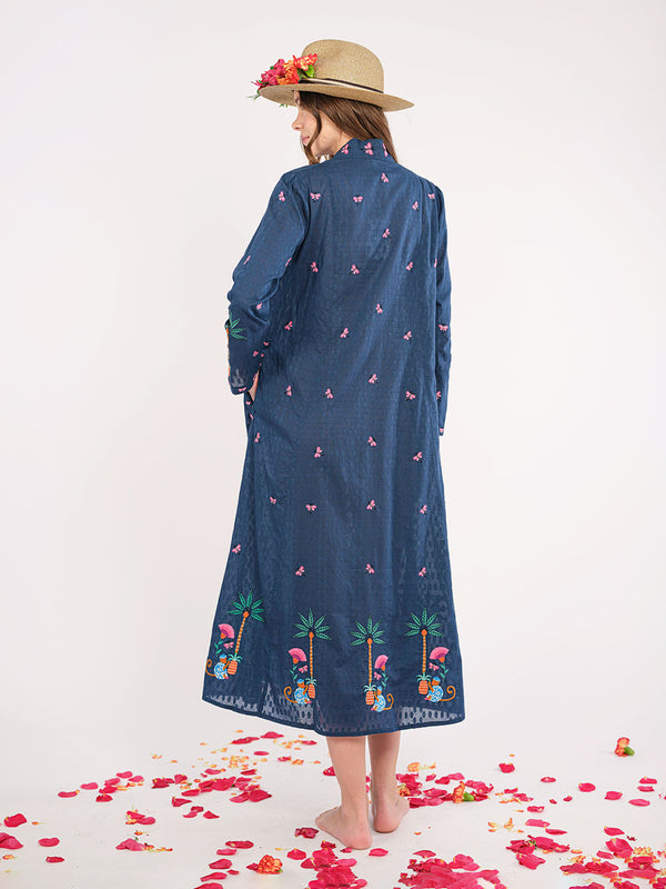 Sandalwood Dress Monkey Embroidery on Navy