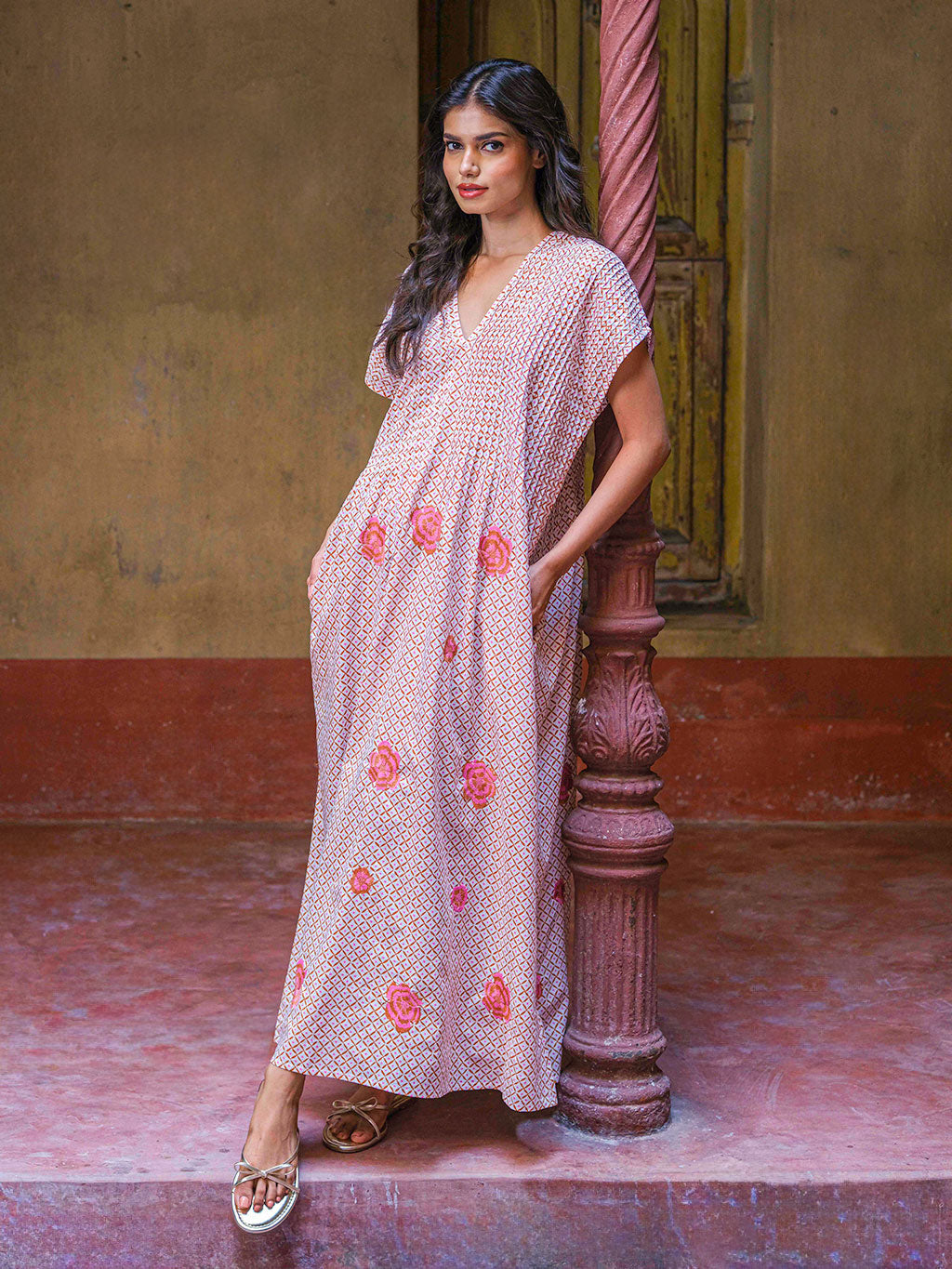 Sea Cale Dress Dotty Mustard Peony Embroidery