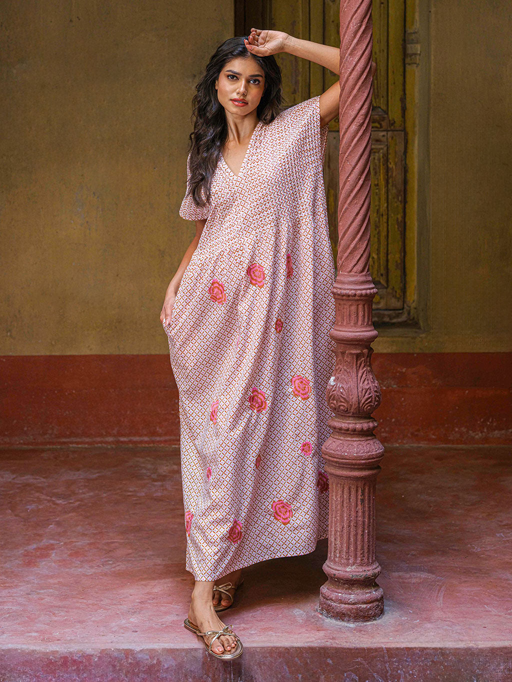Sea Cale Dress Dotty Mustard Peony Embroidery