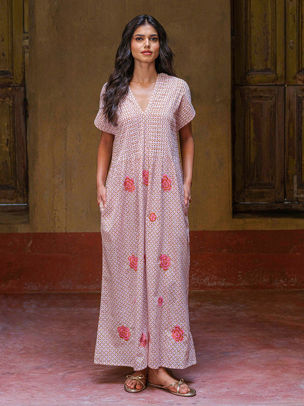Sea Cale Dress Dotty Mustard Peony Embroidery