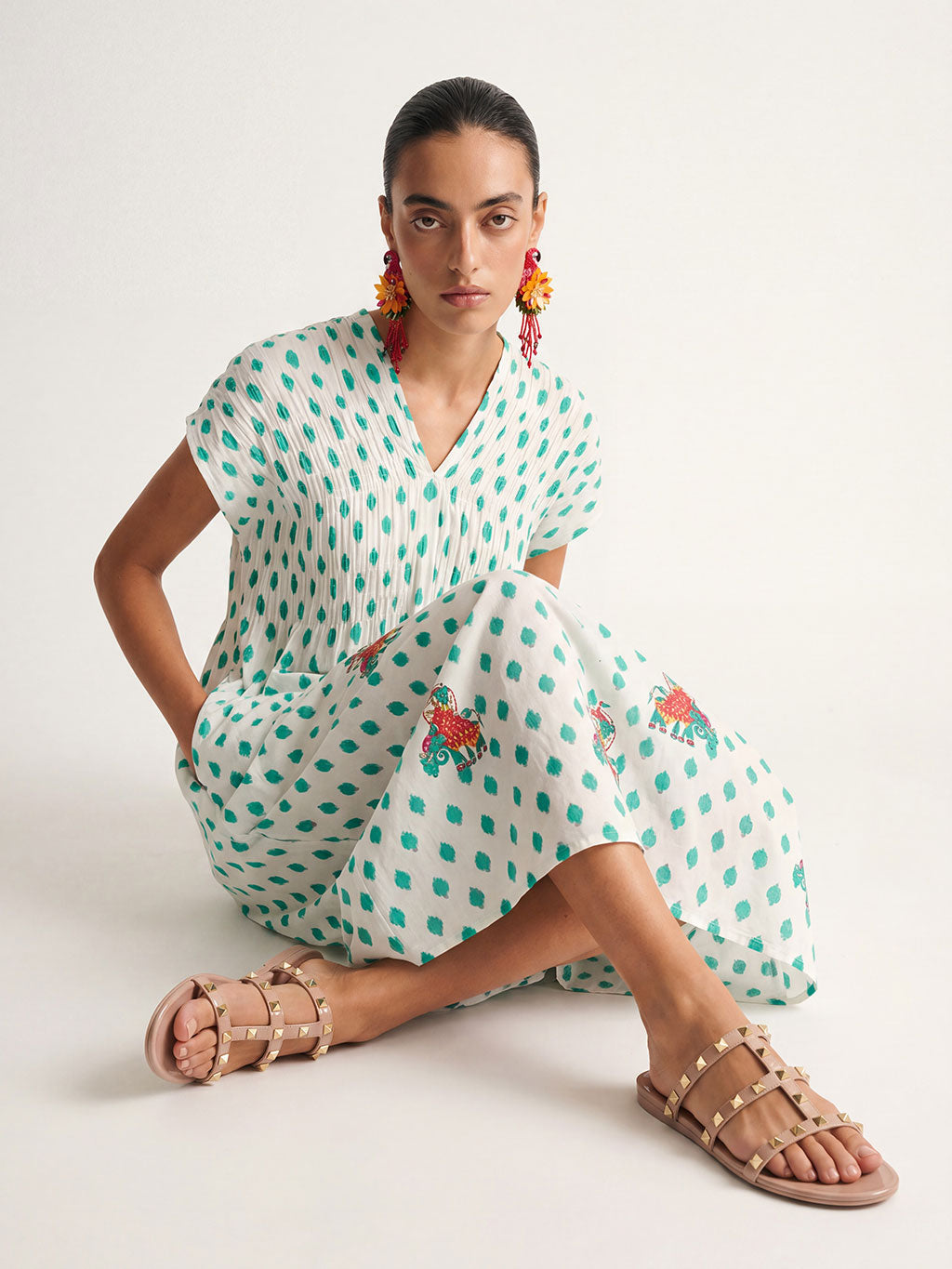 Sea Cale Dress Dots Emerald Elephant Embroidery