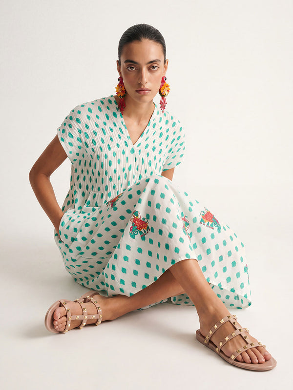 Sea Cale Dress Dots Emerald Elephant Embroidery