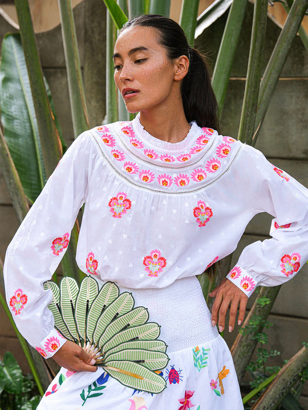 Spearmint Skirt Mexican Embroidery on White