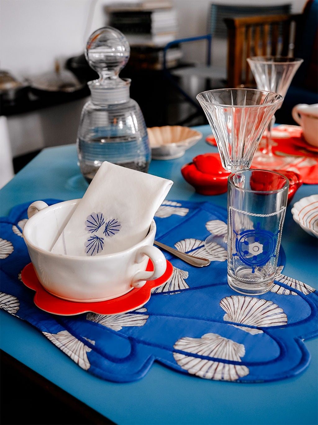 Napkin Blue Shell Embroidery on White