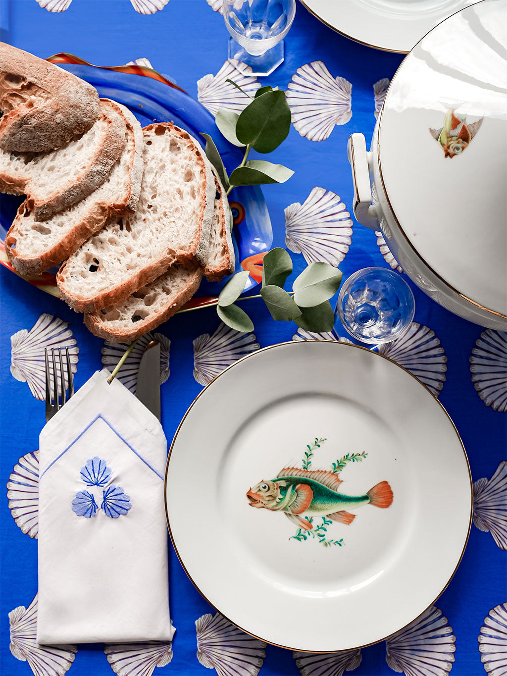 Napkin Blue Shell Embroidery on White