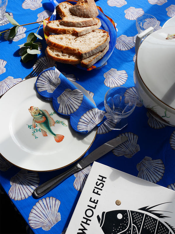 Table Cloth Shells on Blue with Ruffle