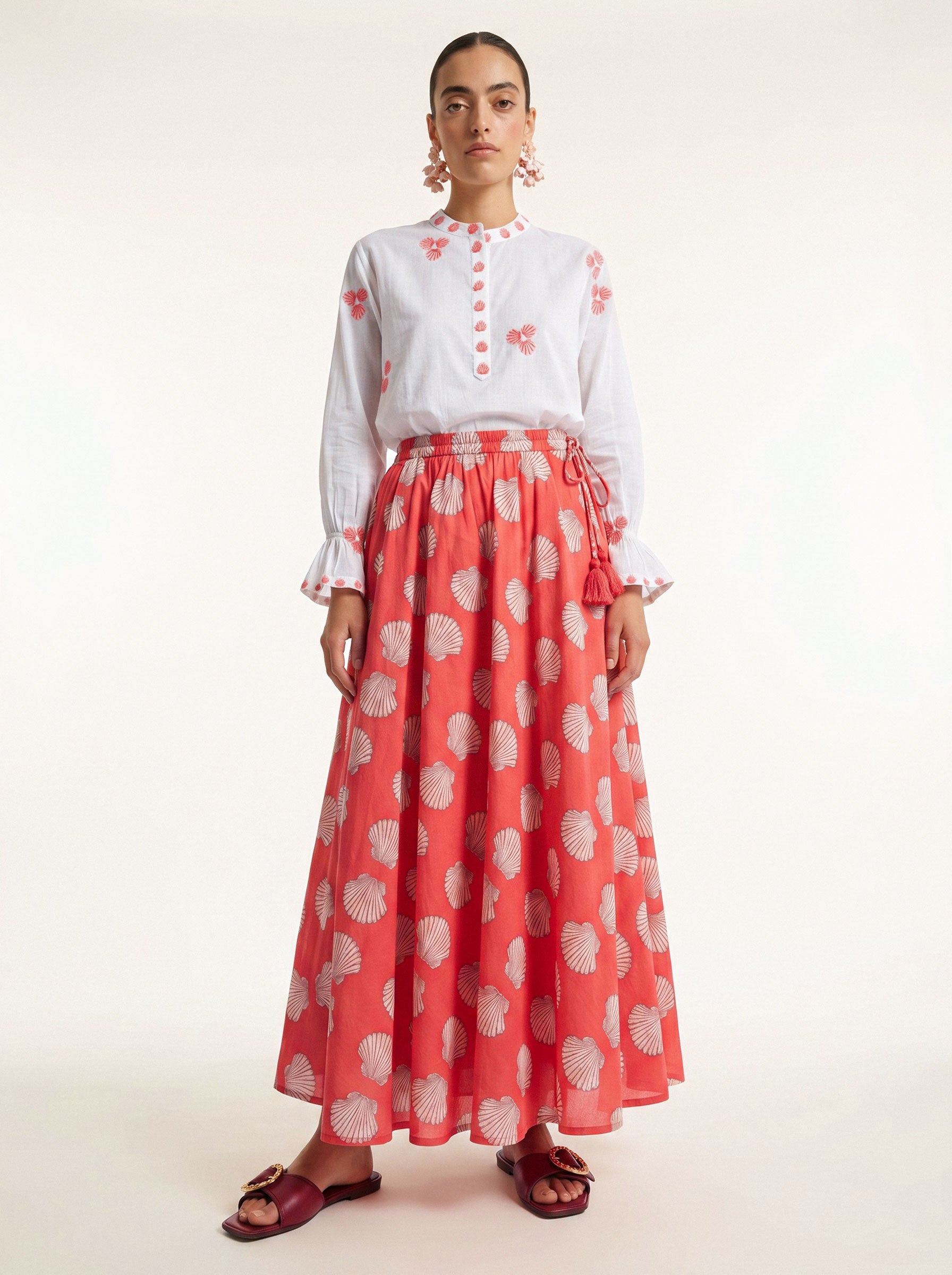 Broom Blouse Red Shells Embroidery on White