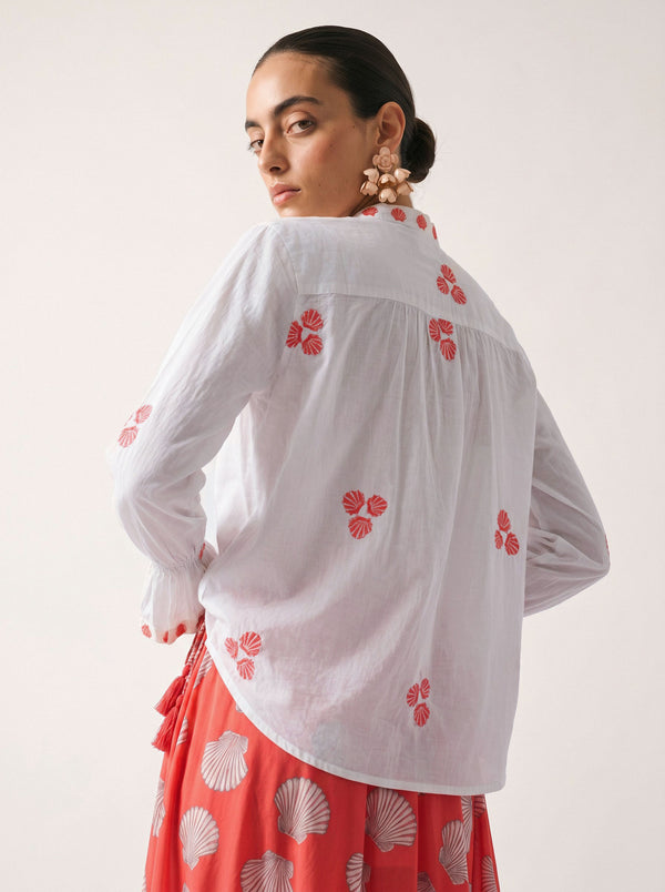 Broom Blouse Red Shells Embroidery on White