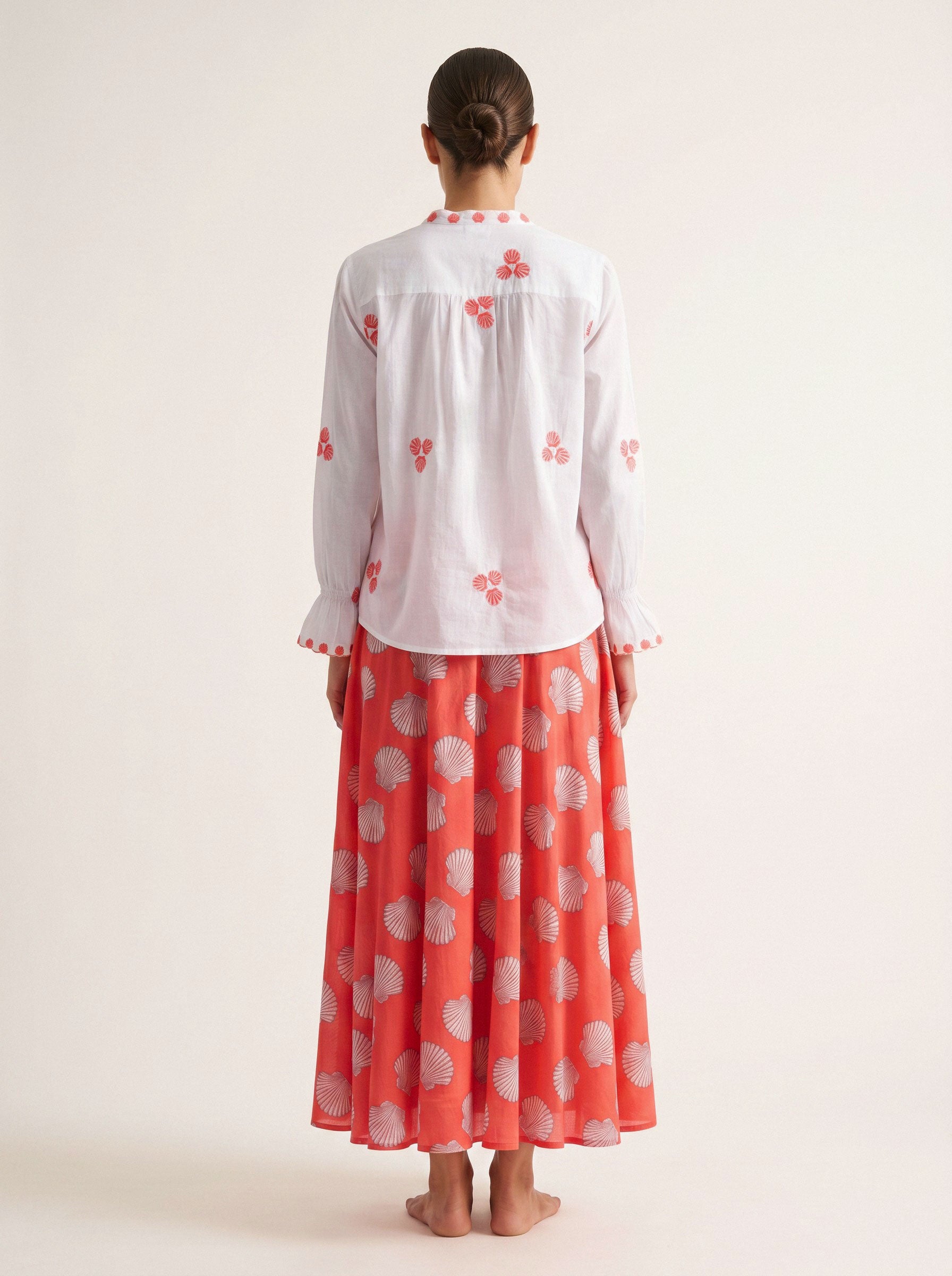 Broom Blouse Red Shells Embroidery on White