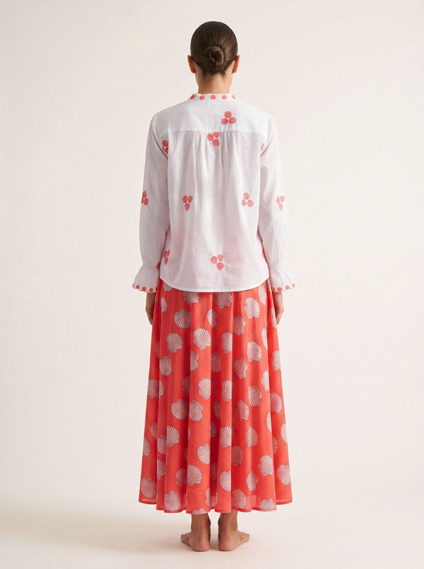 Broom Blouse Red Shells Embroidery on White