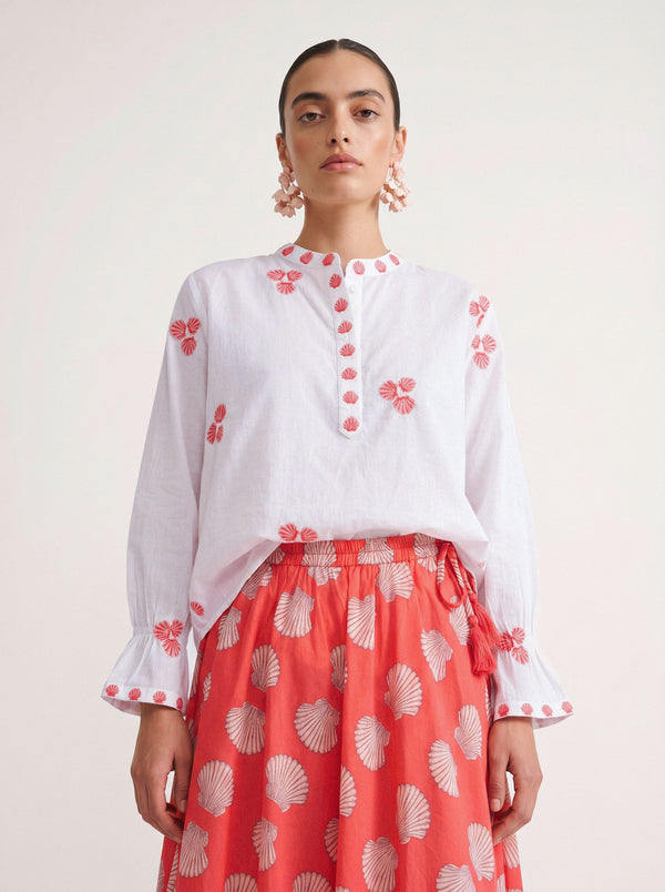 Broom Blouse Red Shells Embroidery on White