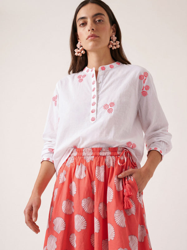 Broom Blouse Red Shells Embroidery on White