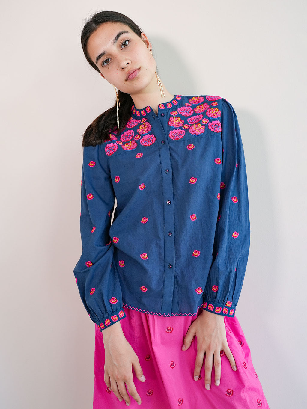 Cicely Blouse Roses Embroidery on Navy
