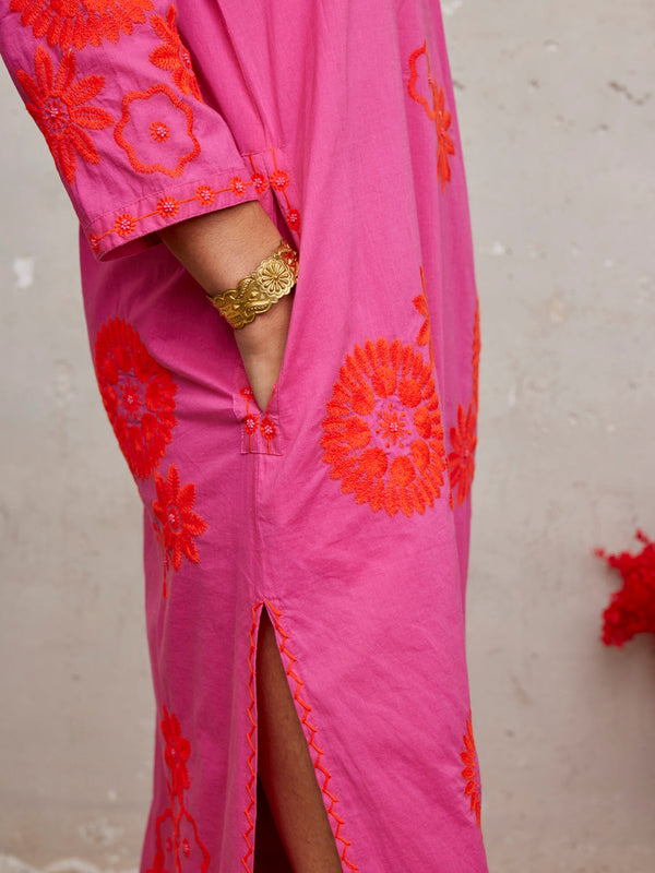 Sapphire Kaftan Long Orange Flower Embroidery on Pink