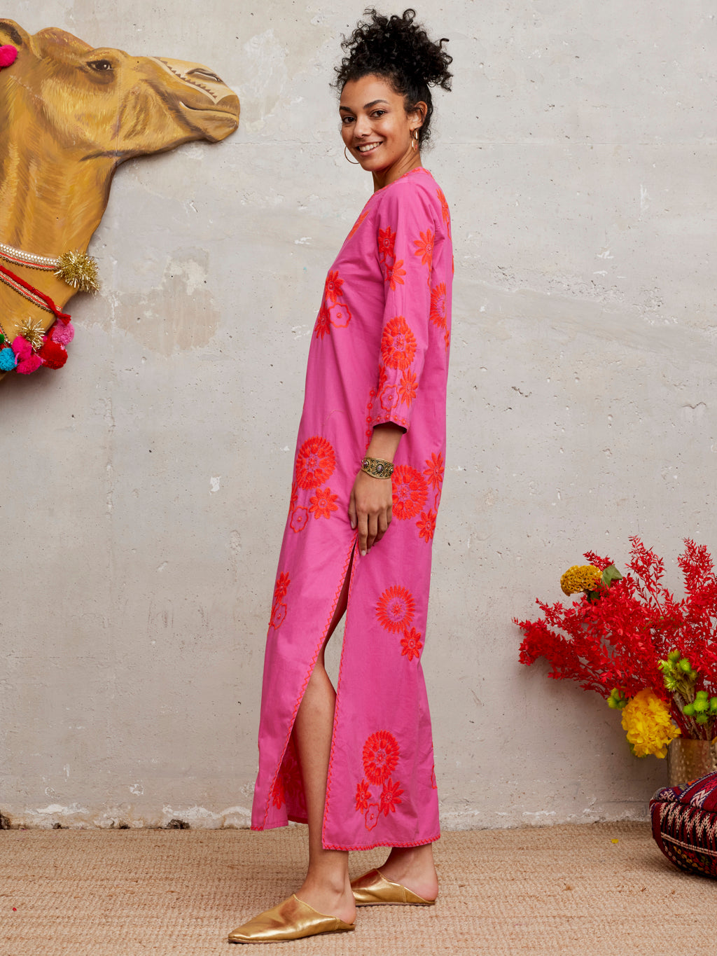 Sapphire Kaftan Long Orange Flower Embroidery on Pink