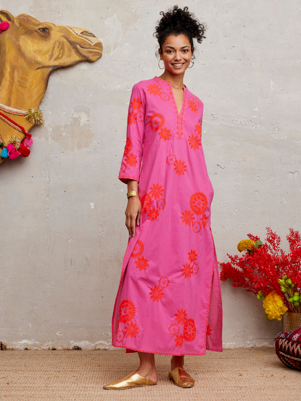 Sapphire Kaftan Long Orange Flower Embroidery on Pink