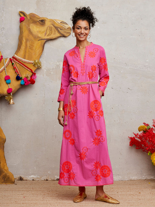 Sapphire Kaftan Long Orange Flower Embroidery on Pink