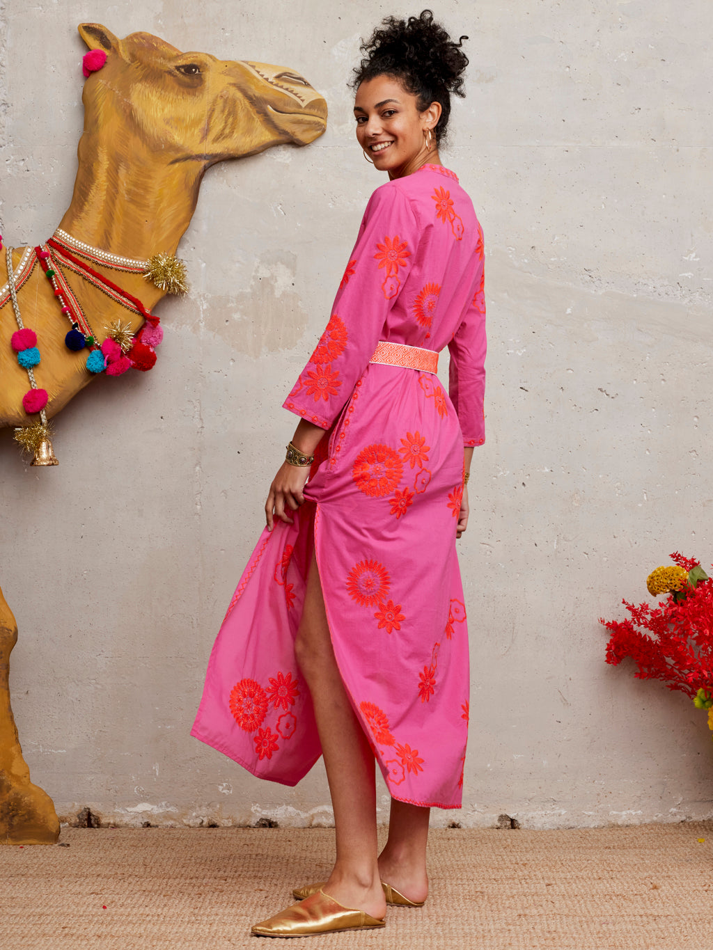 Sapphire Kaftan Long Orange Flower Embroidery on Pink