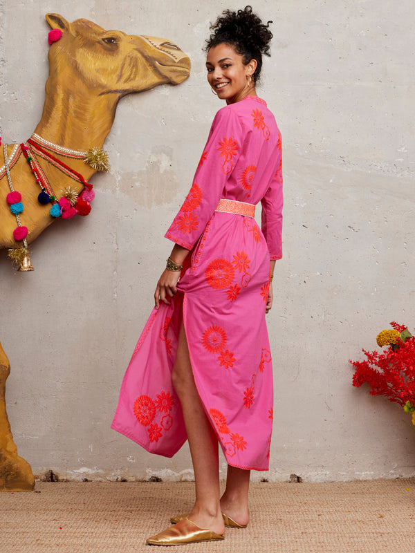 Sapphire Kaftan Long Orange Flower Embroidery on Pink