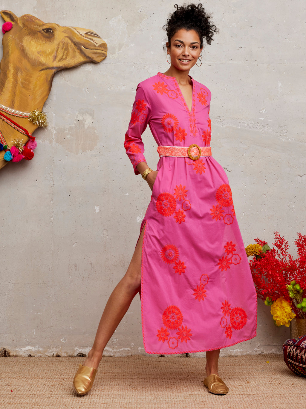 Sapphire Kaftan Long Orange Flower Embroidery on Pink