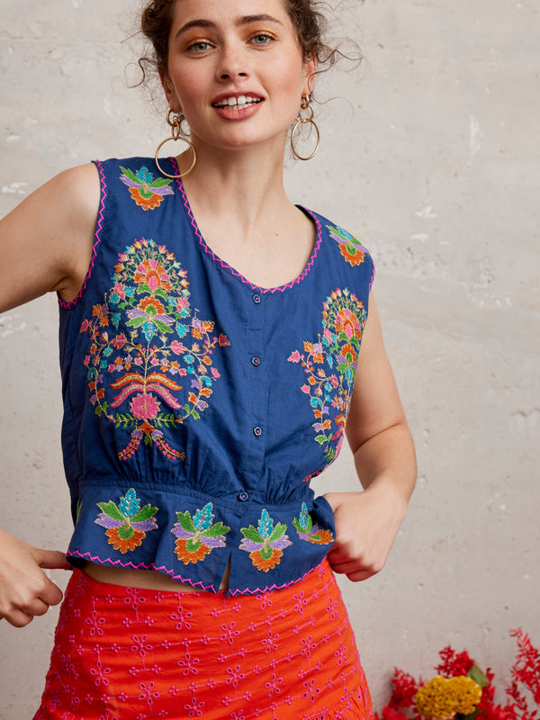Angelica Blouse Golden Flower Embroidery on Navy