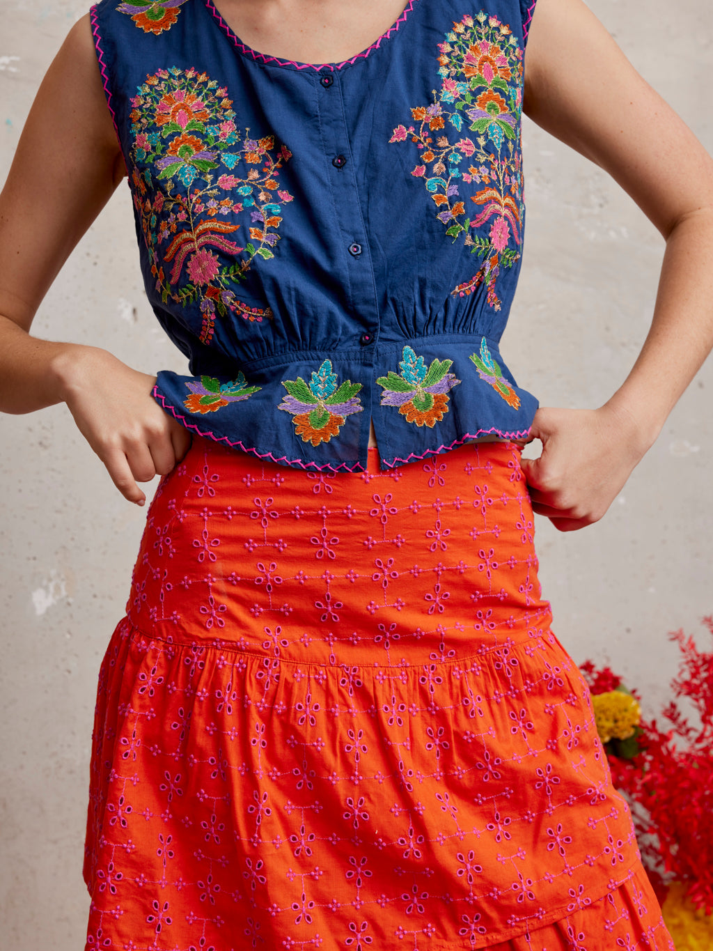 Angelica Blouse Golden Flower Embroidery on Navy