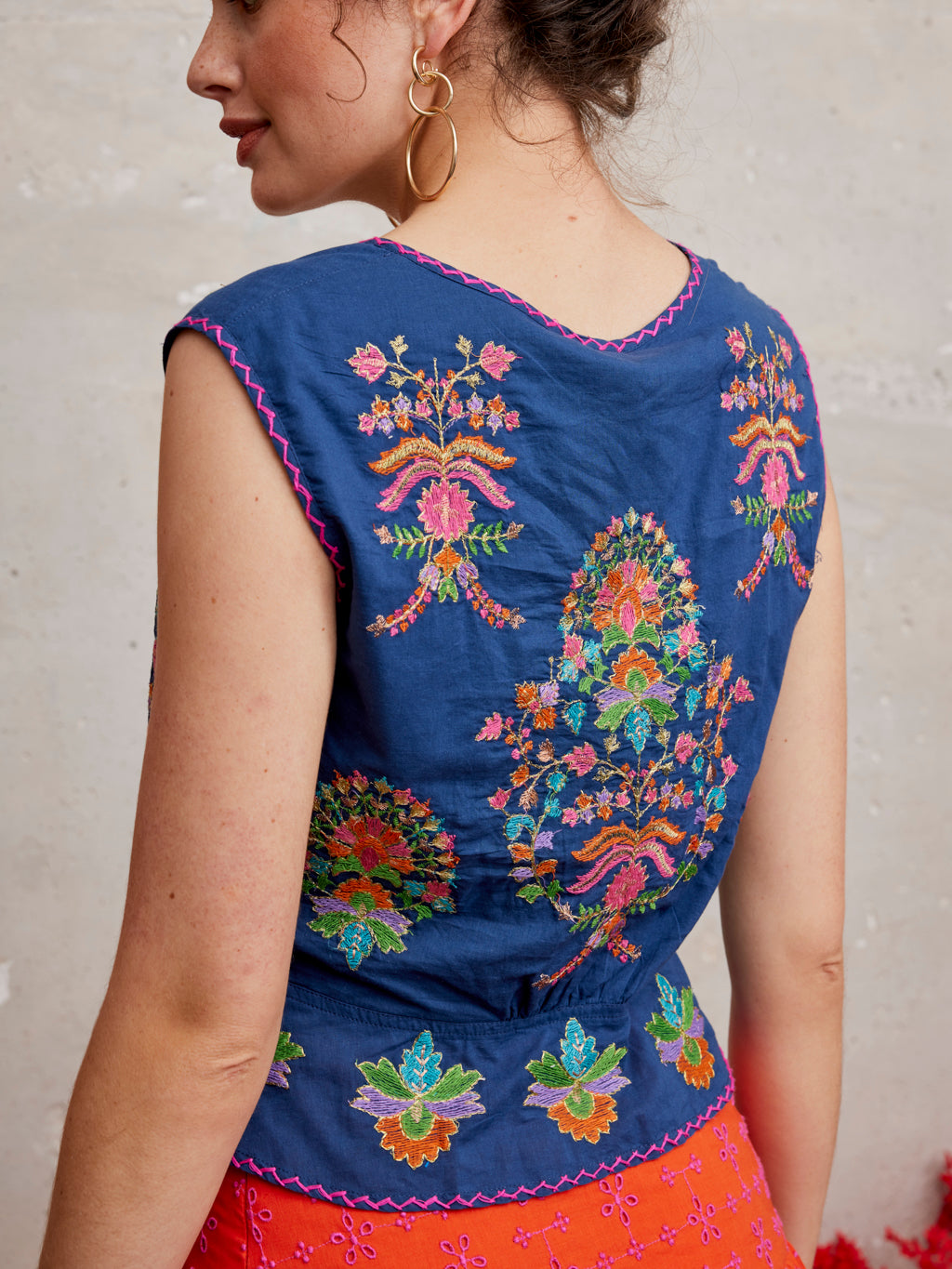 Angelica Blouse Golden Flower Embroidery on Navy
