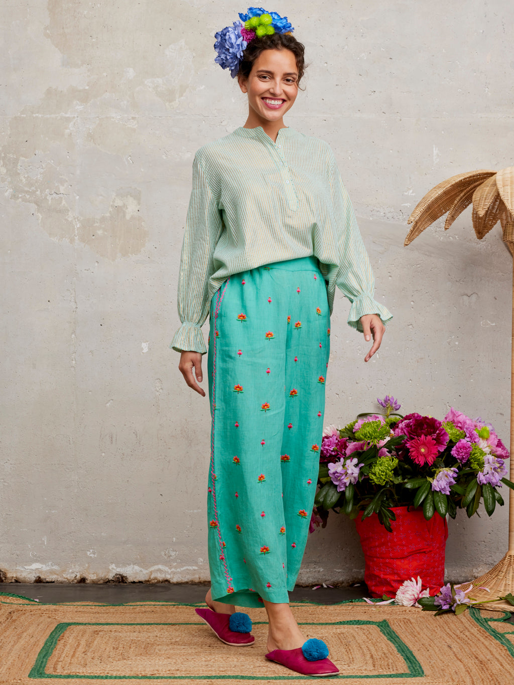 Fennel Pants Green Lotus Flower Embroidery