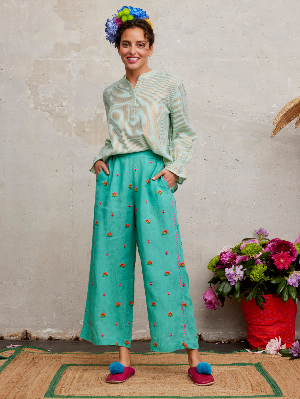 Fennel Pants Green Lotus Flower Embroidery