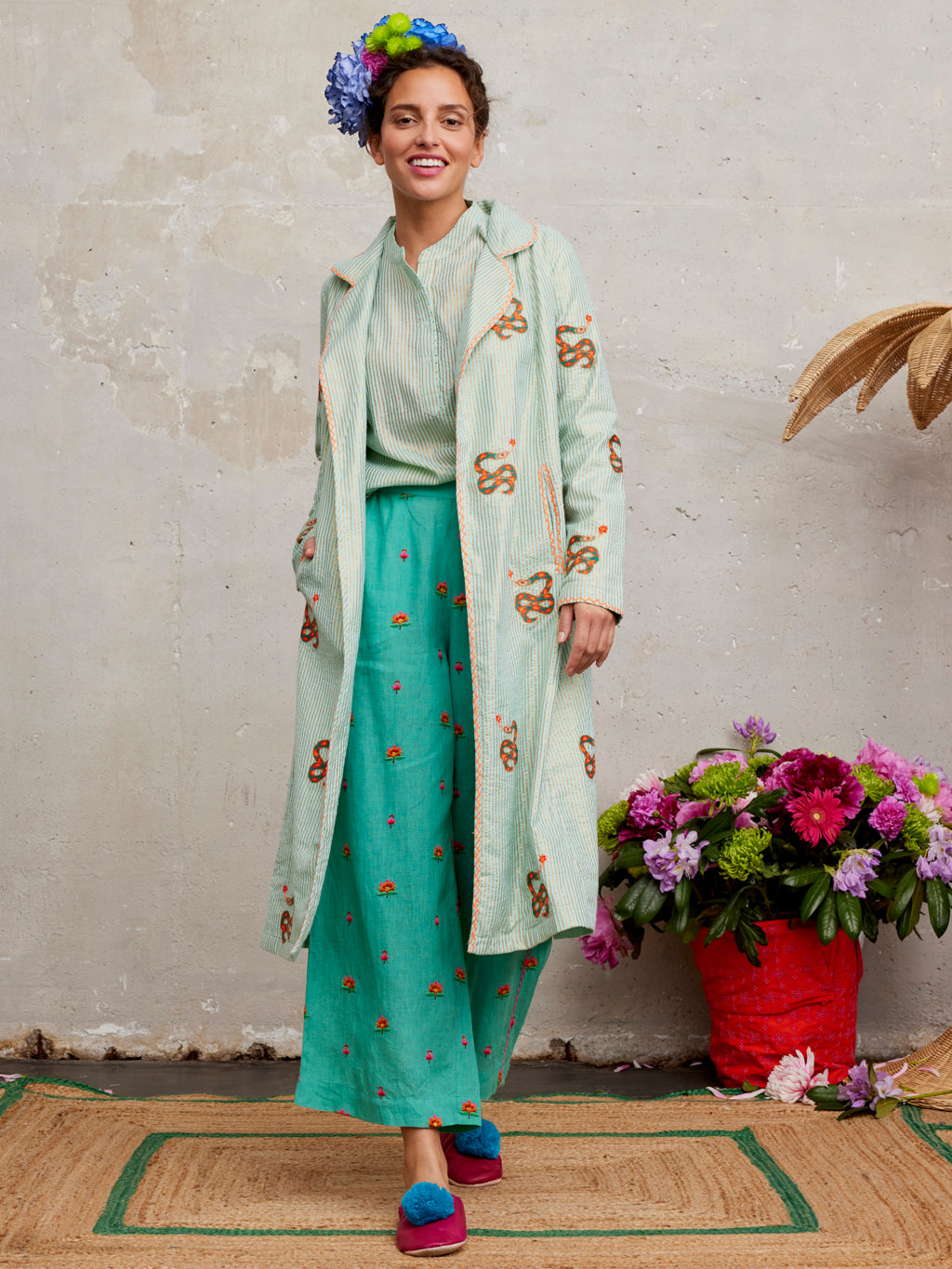 Fennel Pants Green Lotus Flower Embroidery