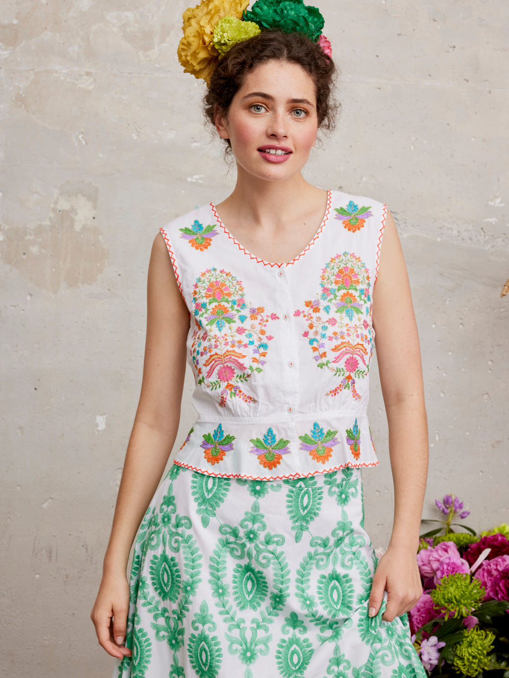 Angelica Blouse Golden Flower Embroidery on White